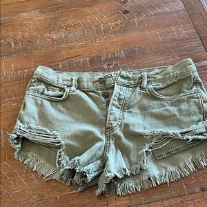 We The Free Olive Green Distressed Denim Cutoff Shorts